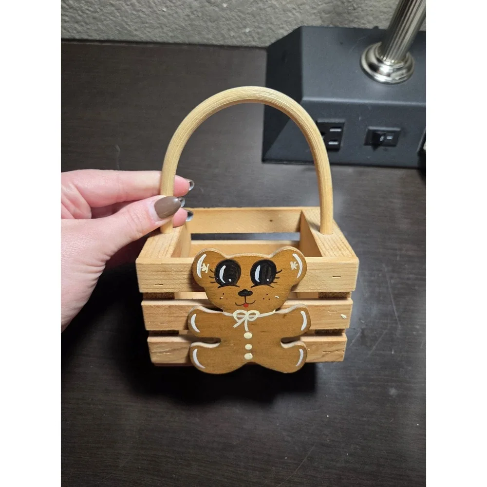 Vintage, Small Decorative Teddy Bear Wooden, Hand Painted Basket